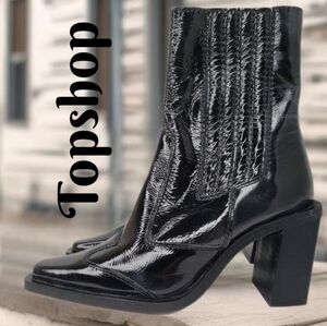 Topshop Black Patent Leather Stretch Panels Cowgirl Western Bootie Sz 4 Rodeo